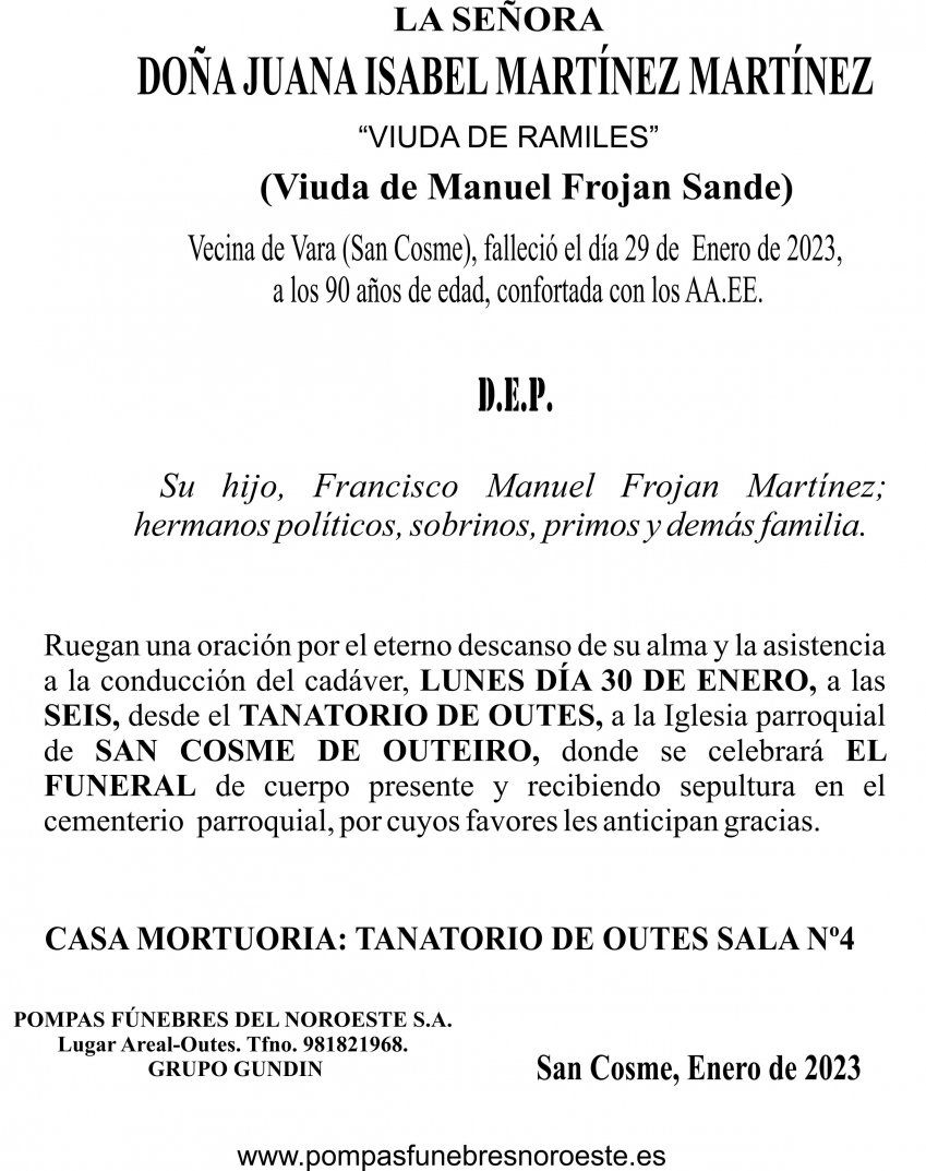 Esquela 2023 DoñaJuana Isabel Martínez Martínez (SAN COSME)