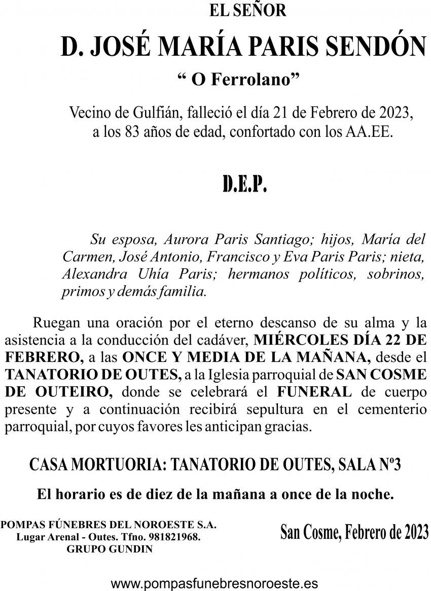 23 01 ESQUELA   José Luis París Sendón