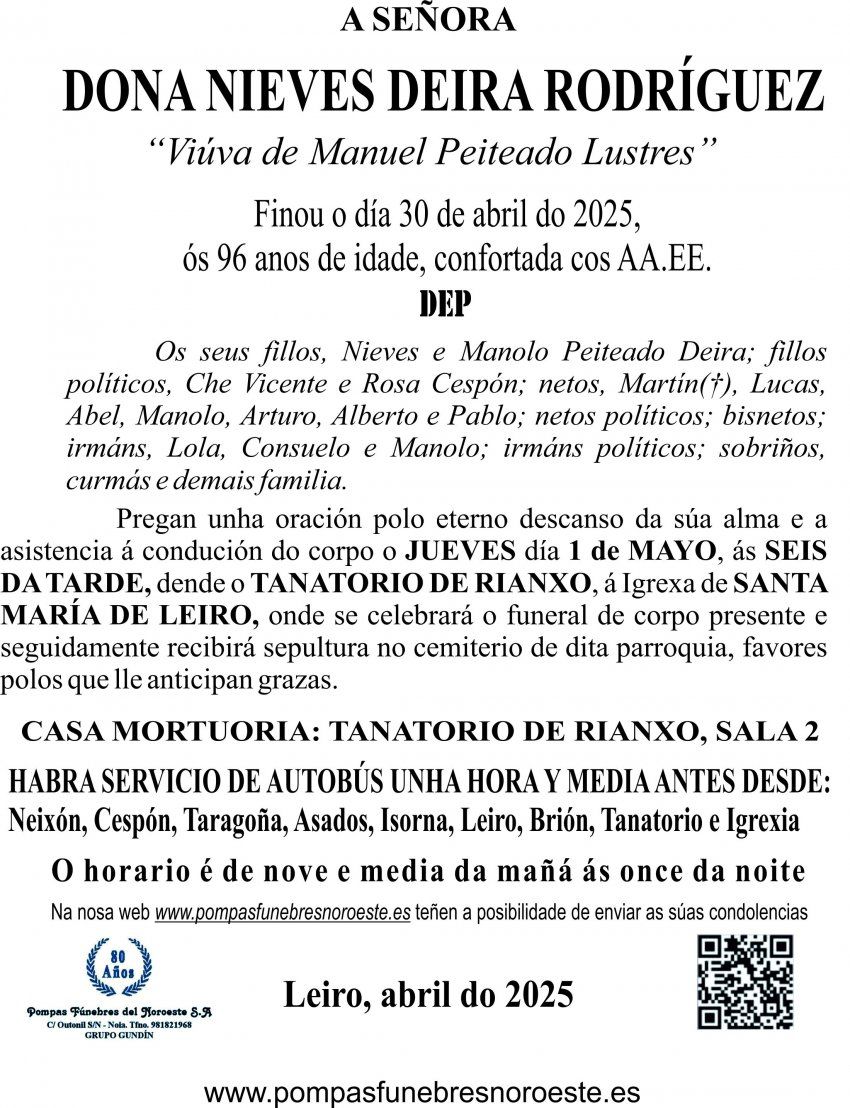 ESQUELA GALEGO 2025 Rianxo  Nieves Deira Rodriguez