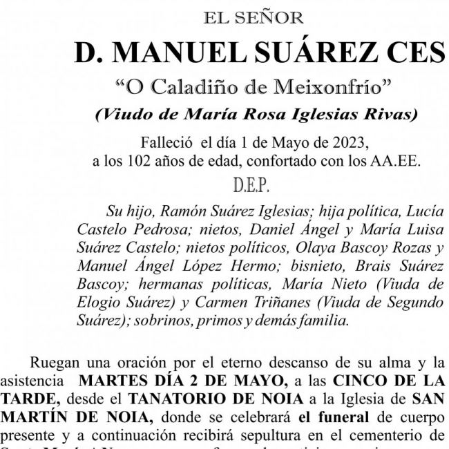 ESQUELA 23, Manuel Suárez Ces