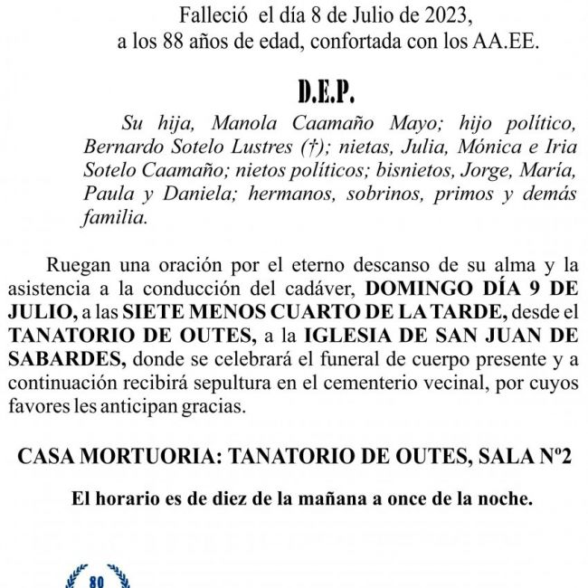 23 07 ESQUELA    Teresa Caamaño Mayo