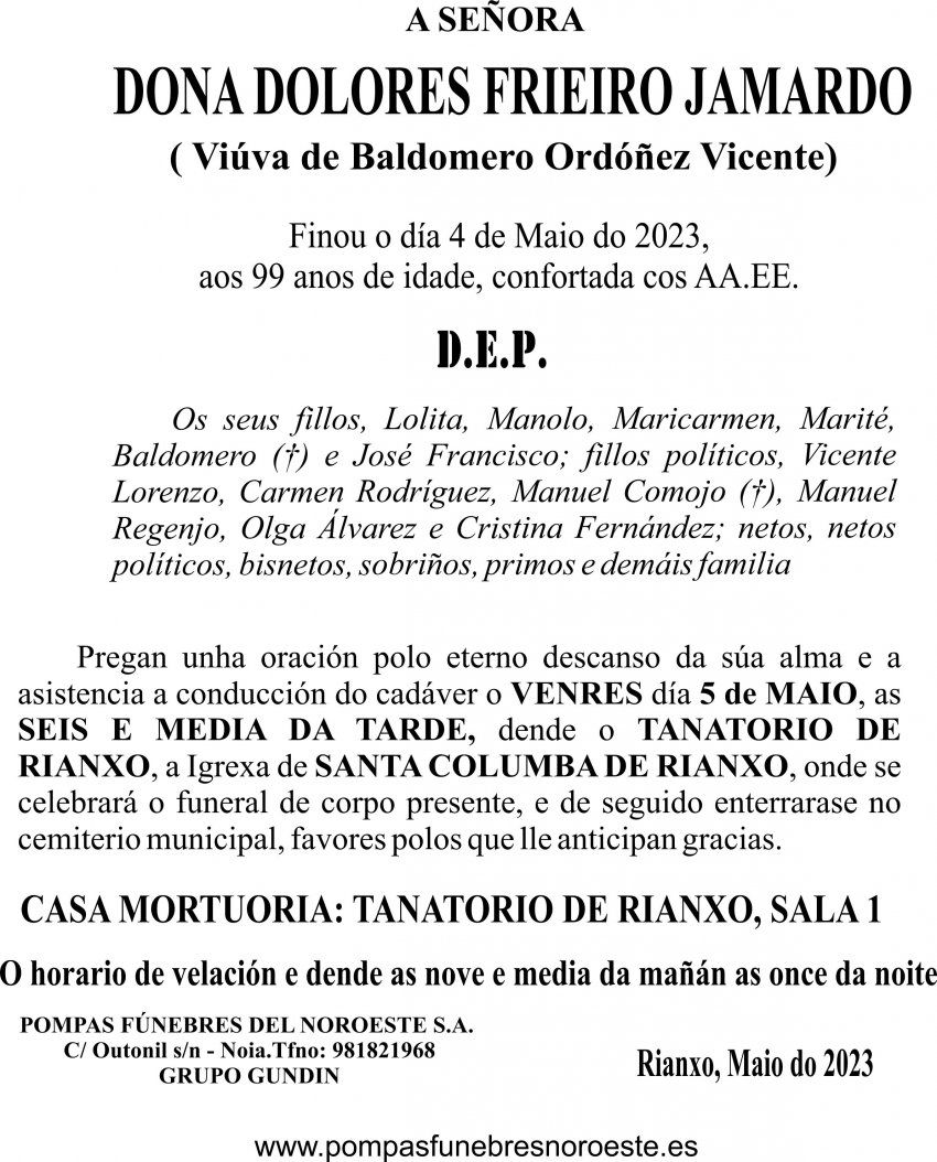 23 05 ESQUELA GALEGO  Dolores Frieiro Jamardo