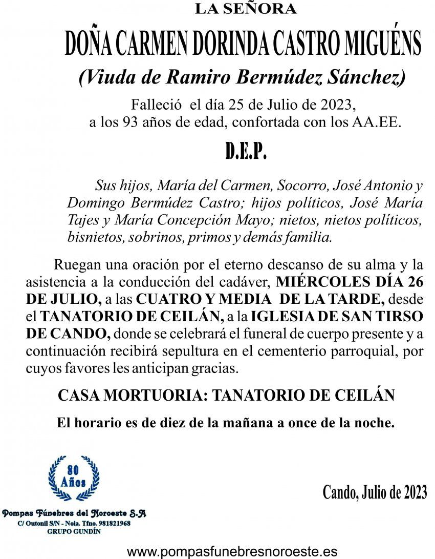 23 07 ESQUELA    Carmen Dorinda Castro Miguens