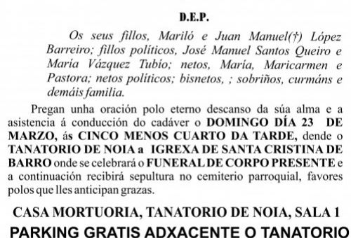 ESQUELA  EN GALEGO 2025 DOLORES BARREIRO FREIRE