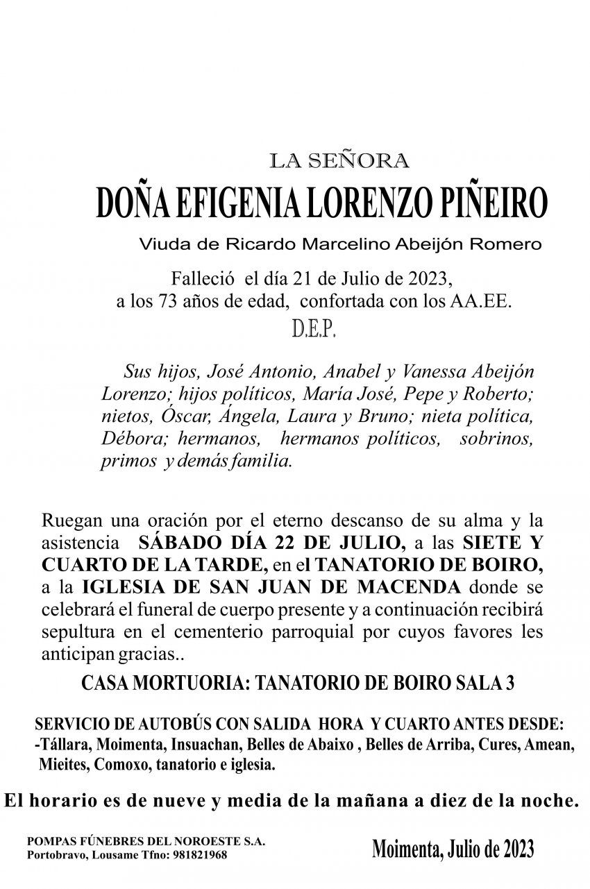 ESQUELA 23,  MOIMENTA   eUGENIA Lorenzo Piñeiro