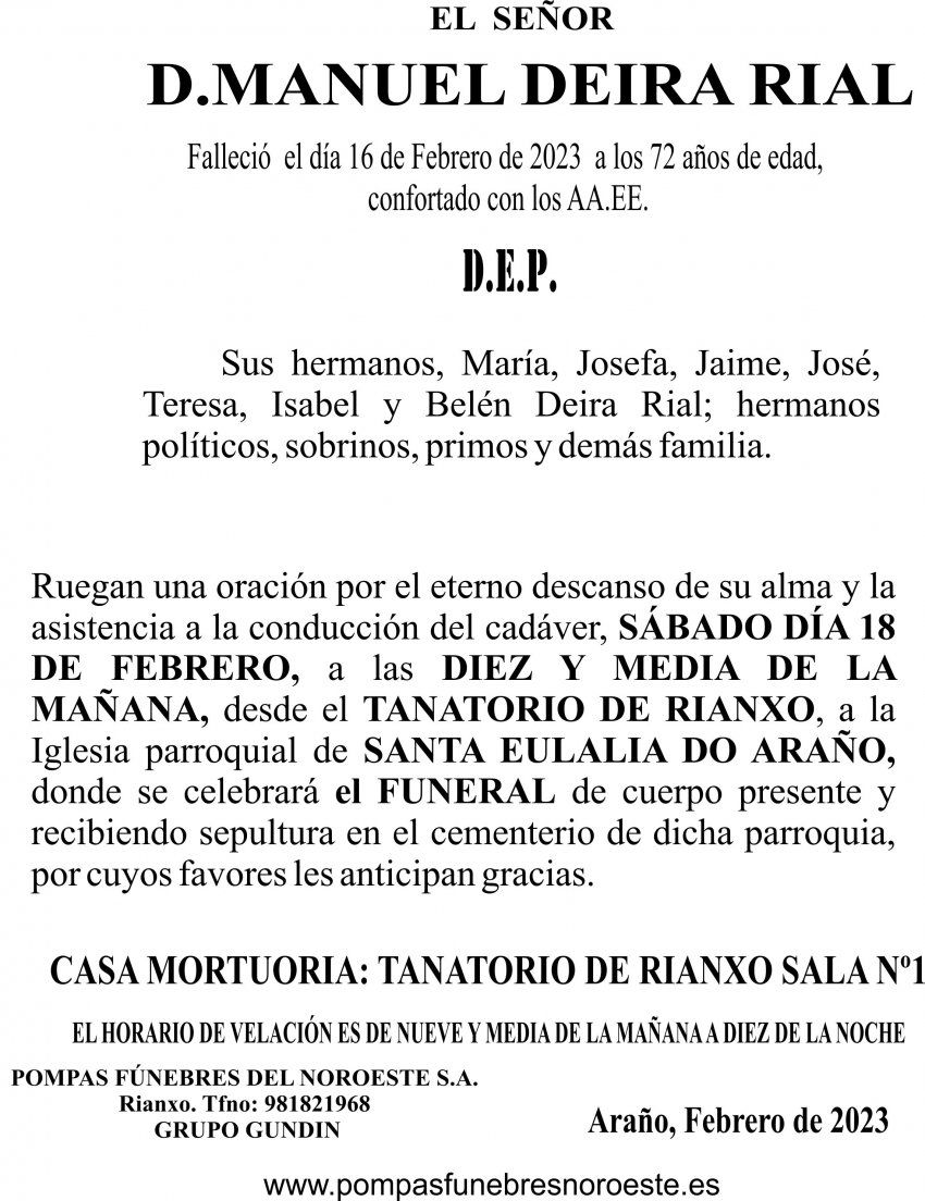2023 Esquela Manuel Deira Rial   Araño