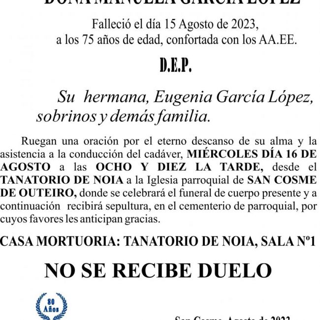 07 23 Esquela, MANUELA GARÍA LÓPEZ