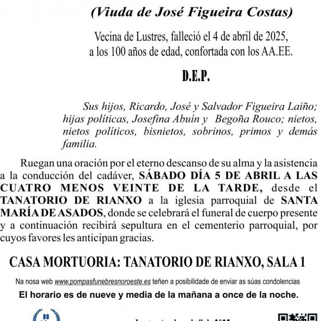 ESQUELA 2025   Doña OROSINDA LAIÑO MARTINEZ