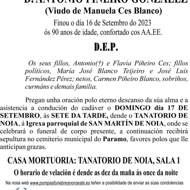 23 09 ESQUELA   Antonio Piñeiro Ces  GALEGO