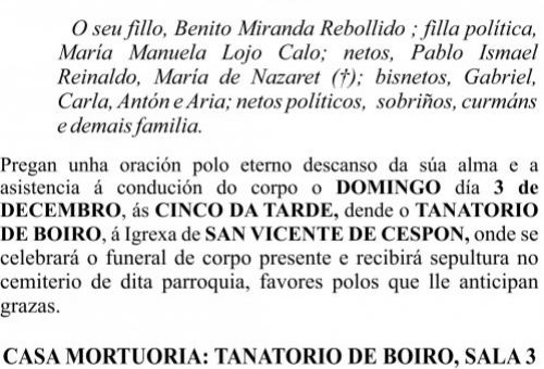ESQUELA GALEGO  Concepción  Miranda Rebollido