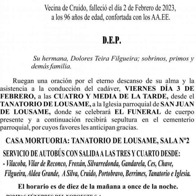 23 02 ESQUELA María Teira Filgueira   Lousame