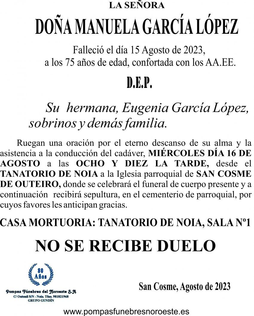 07 23 Esquela, MANUELA GARÍA LÓPEZ