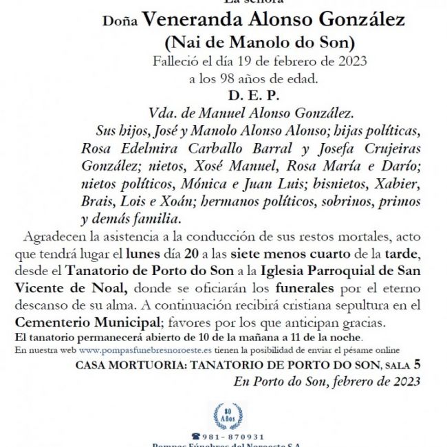 Alonso Gonzalez, Veneranda