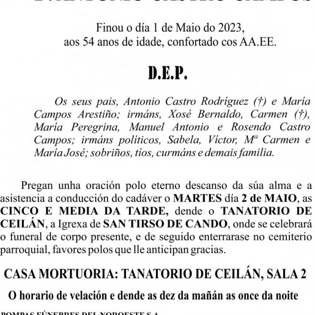 23 05 ESQUELA GALEGO  Antonio Castro Campos