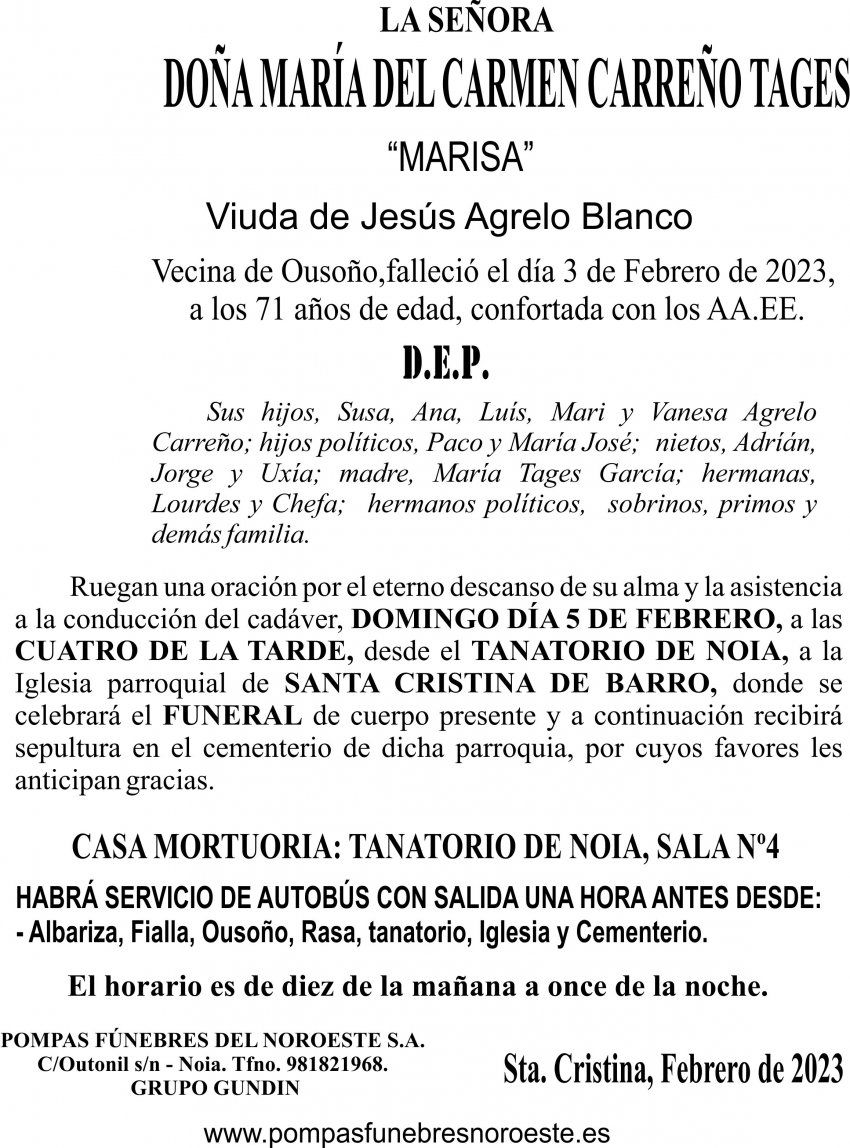 2023 ESQUELA  María del Carmen Carreño Tages(santa cristina)