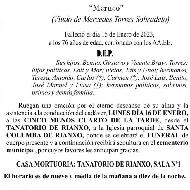 23 01 ESQUELA   Baldomero Bravo Caamaño