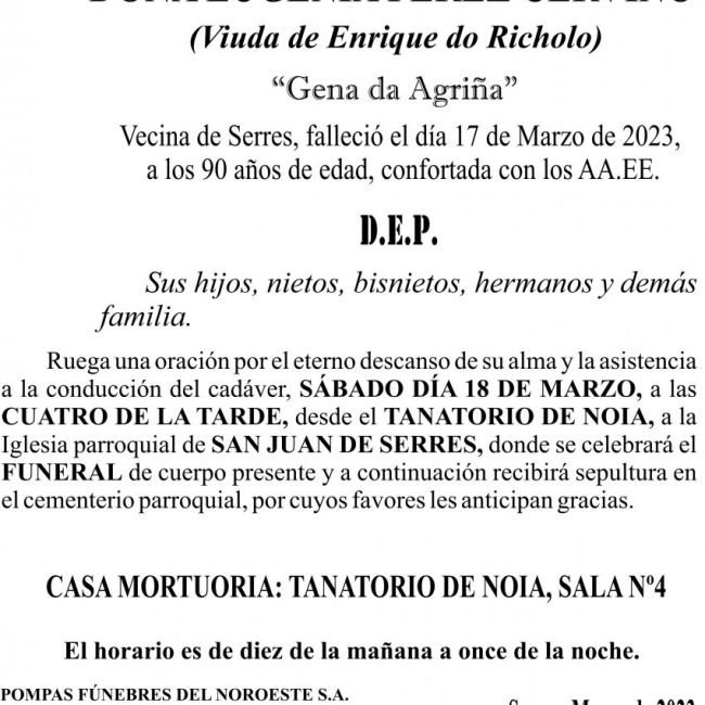 23 03  ESQUELA   Eugenia Pérez Cerviño