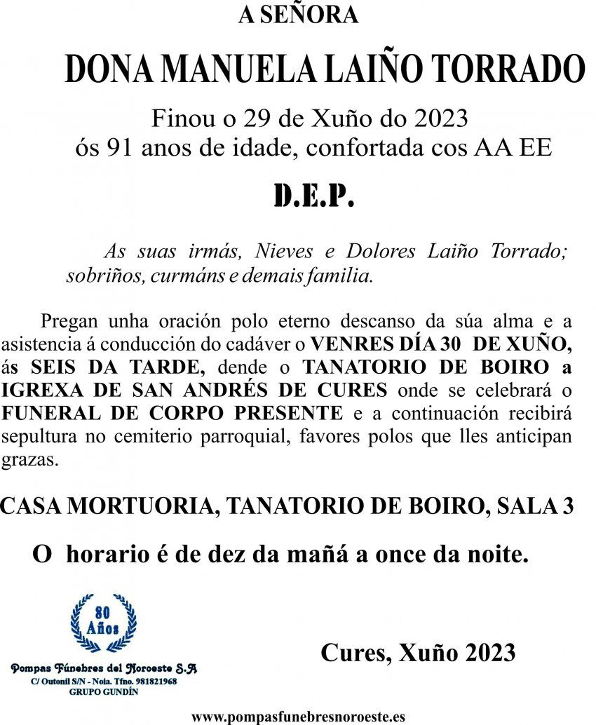 ESQUELA  EN GALEGO 2023 MANUELA LAIÑO TORRADO