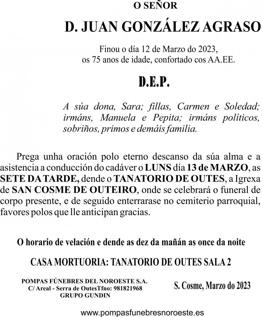 ESQUELA GALEGO  Juan González Agraso