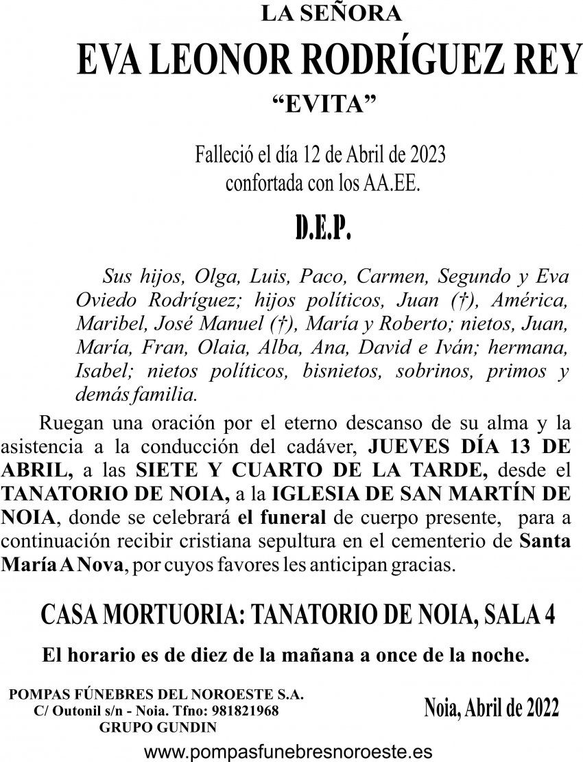 ESQUELA DE EVA RODRÍGUEZ REY