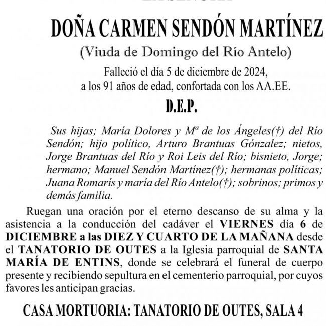 ESQUELA,  Carmen Sendón Martínez