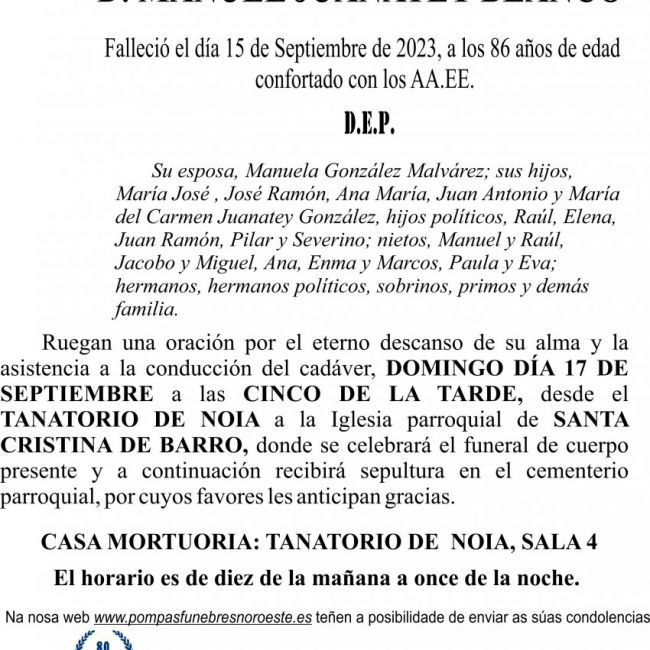 ESQUELA AGEITOS  MANUEL JUANATEY BLANCO