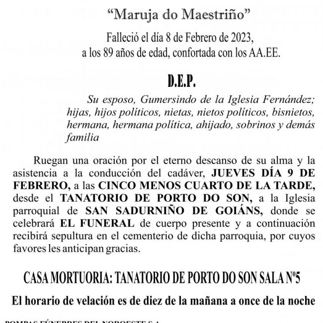 Esquela 2023 Febrero   María Agraso Lado (Portosín)