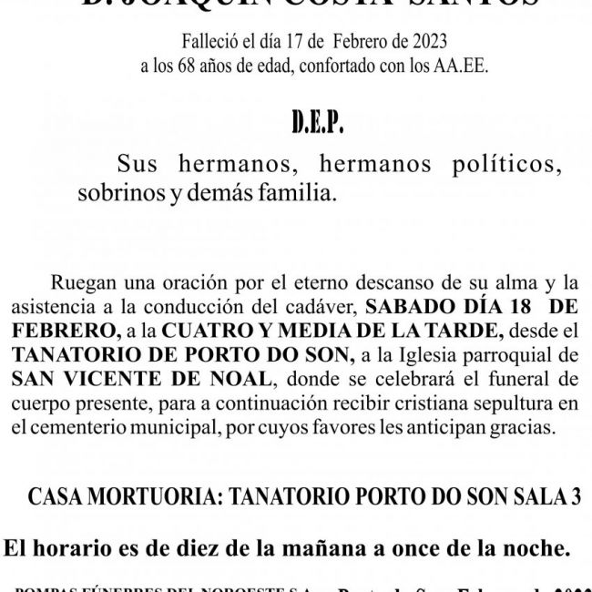 ESQUELA 2022 Porto do Son   Joaquin Costa  Santos