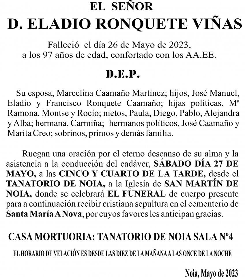 Esquela Ageitos   Eladio Ronquete Viñas 2023
