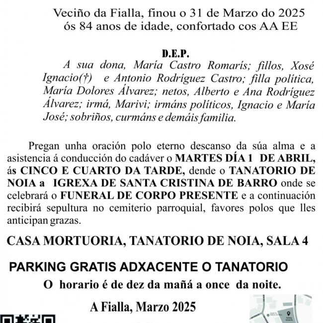 ESQUELA  EN GALEGO 2025 Domingo Antonio Rodriguez Castro