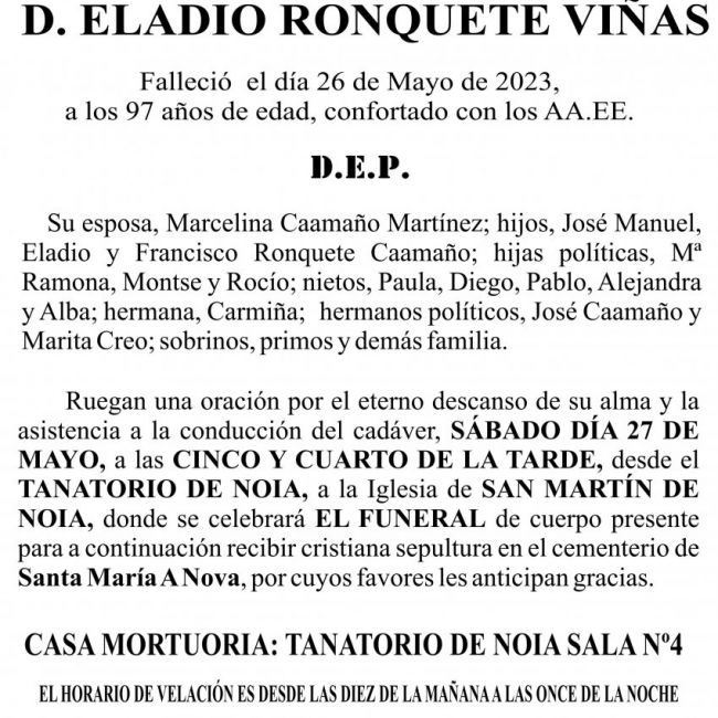 Esquela Ageitos   Eladio Ronquete Viñas 2023