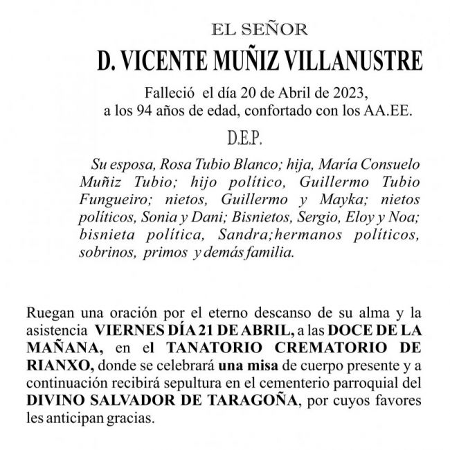 ESQUELA 23, Vicente Muñiz Villanustre