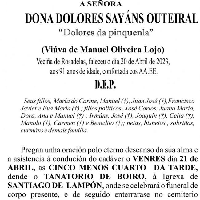 23 04 ESQUELA  GALEGO  DOLORES SAYÁNS OUTEIRAL