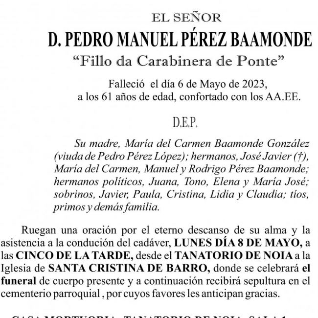 ESQUELA 23, Pedro Manuel Pérez Baamonde
