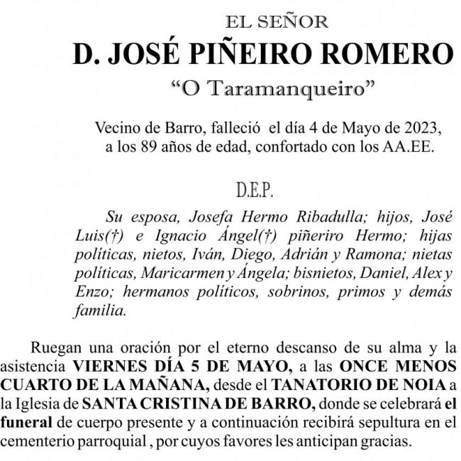 ESQUELA 23, José Piñeiro Romero