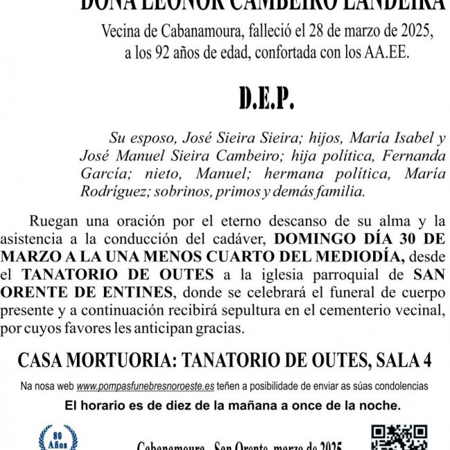 ESQUELA 2025   Doña Leonor Cambeiro Lestón