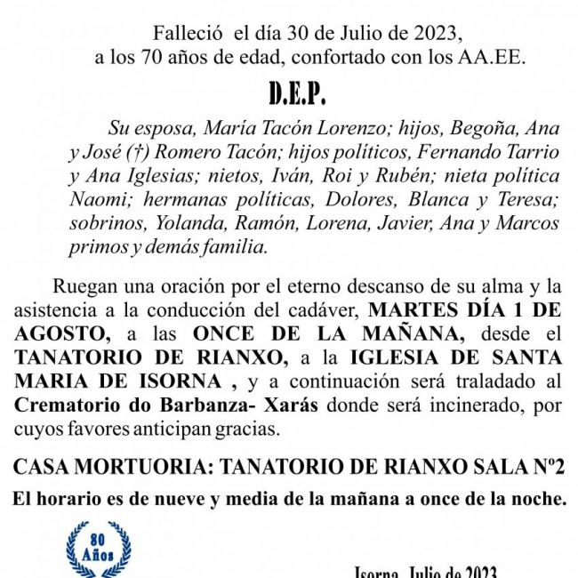 23 07 ESQUELA    José Luís Romero Coira