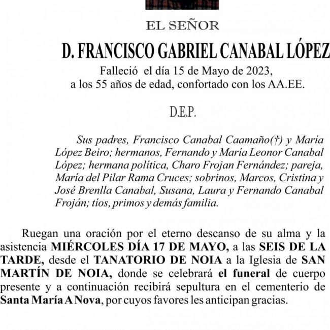 Esquela de Francisco Gabriel Canabal López