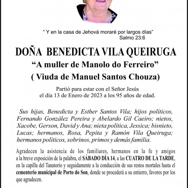 ESQUELA EVANGELISTA DE BENEDICTA VILAS