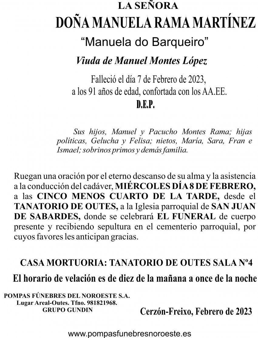Esquela 2023 Doña Manuela Rama Martínez (FREIXO)