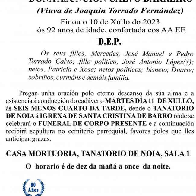 ESQUELA  EN GALEGO 2023 Anunciación Calvo Barreiro
