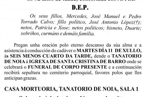 ESQUELA  EN GALEGO 2023 Anunciación Calvo Barreiro