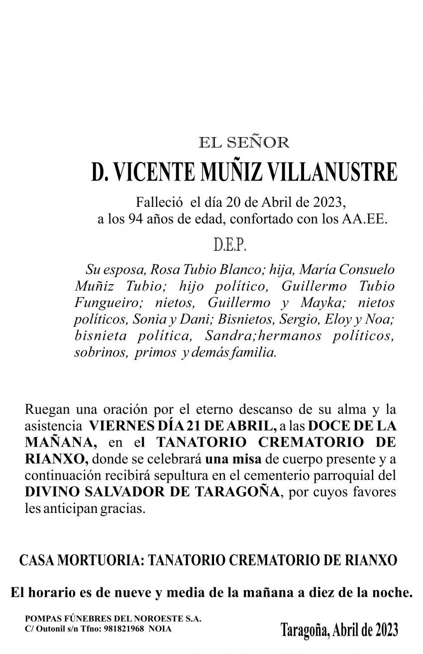 ESQUELA 23, Vicente Muñiz Villanustre