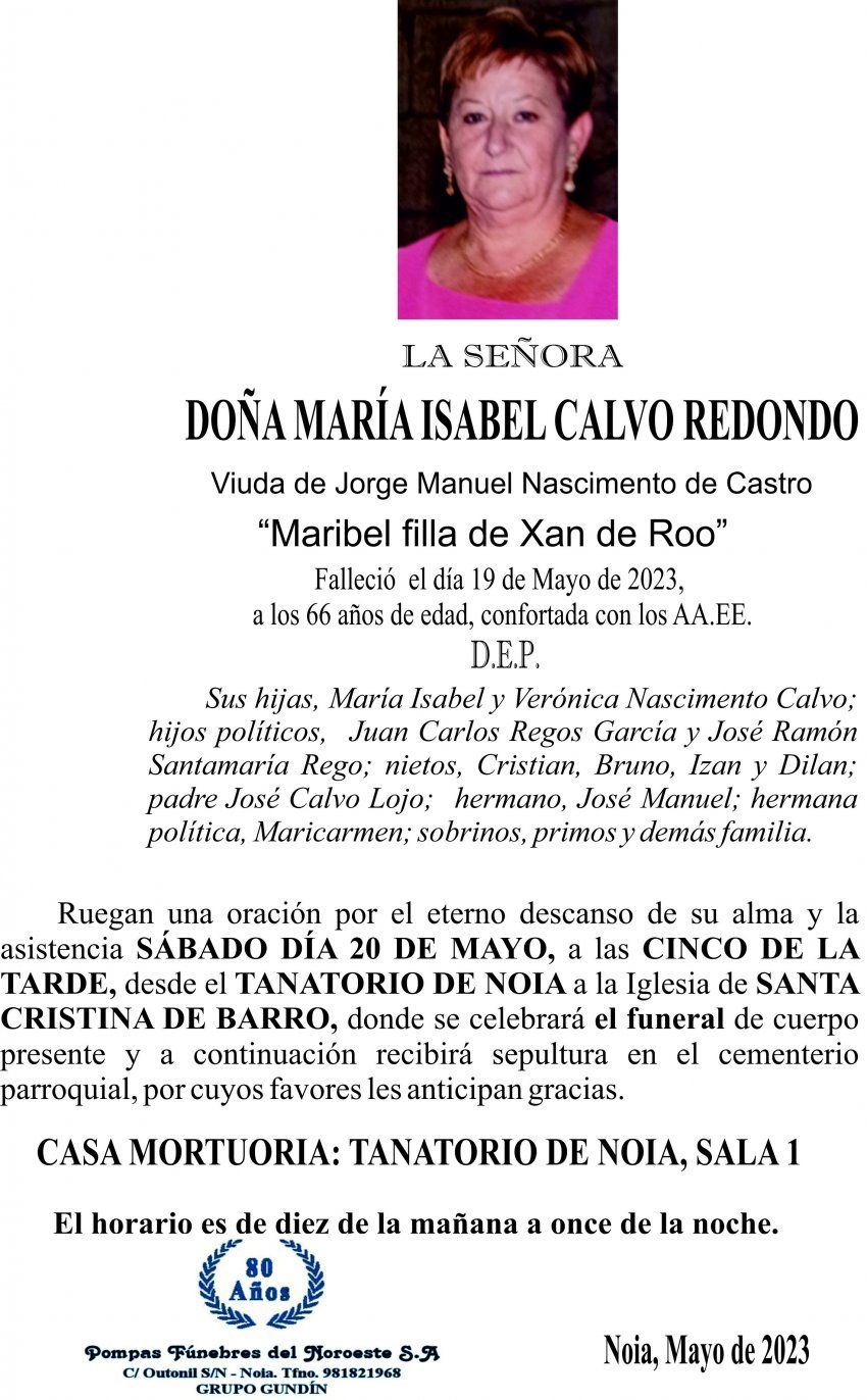 Esquela de María Isabel Calvo Redondo