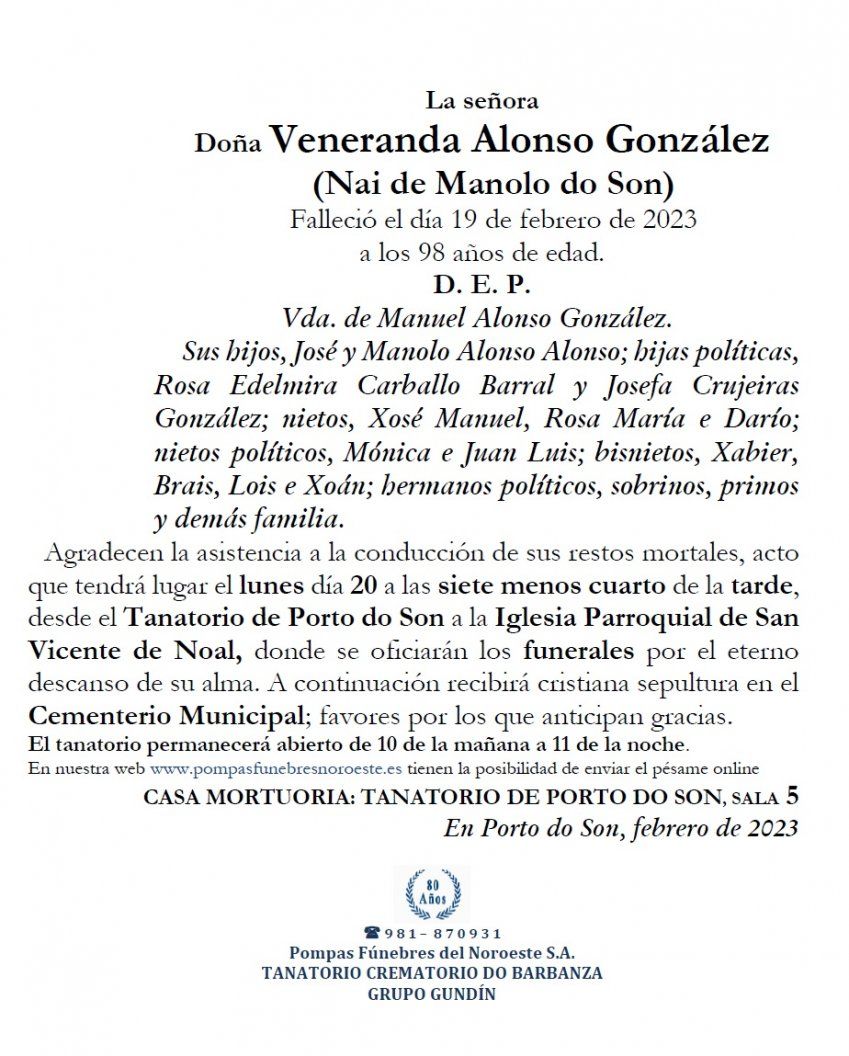 Alonso Gonzalez, Veneranda