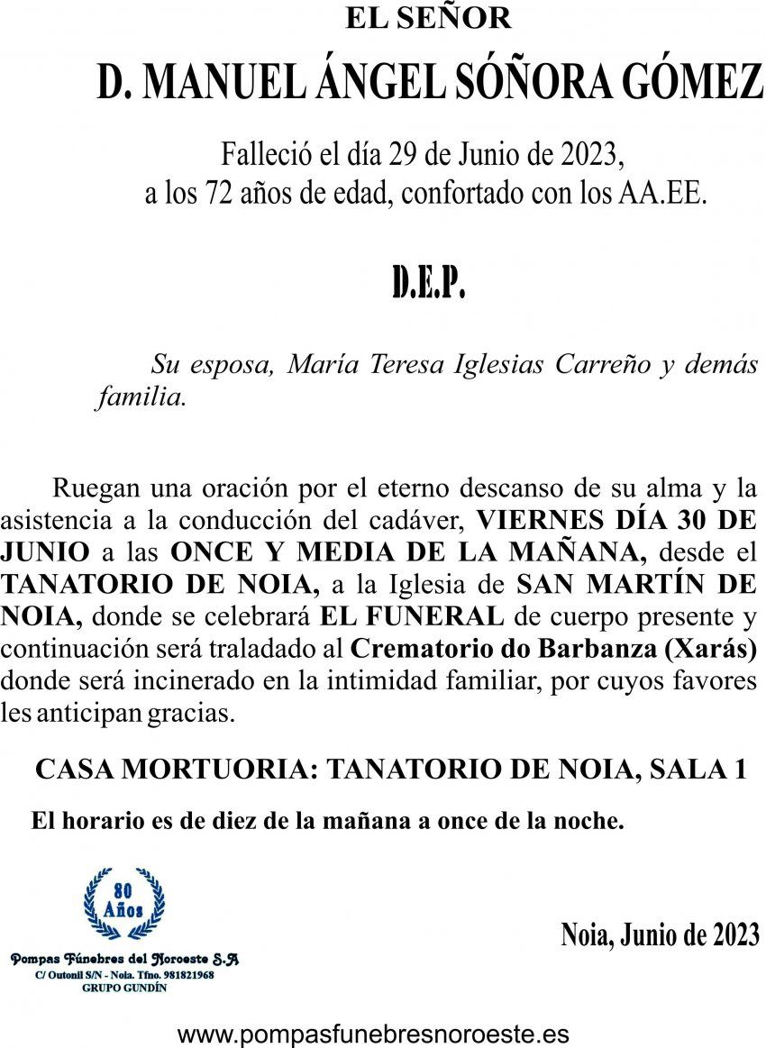 Esquela, Manuel Ángel Sóñora Gómez (Incinerción)