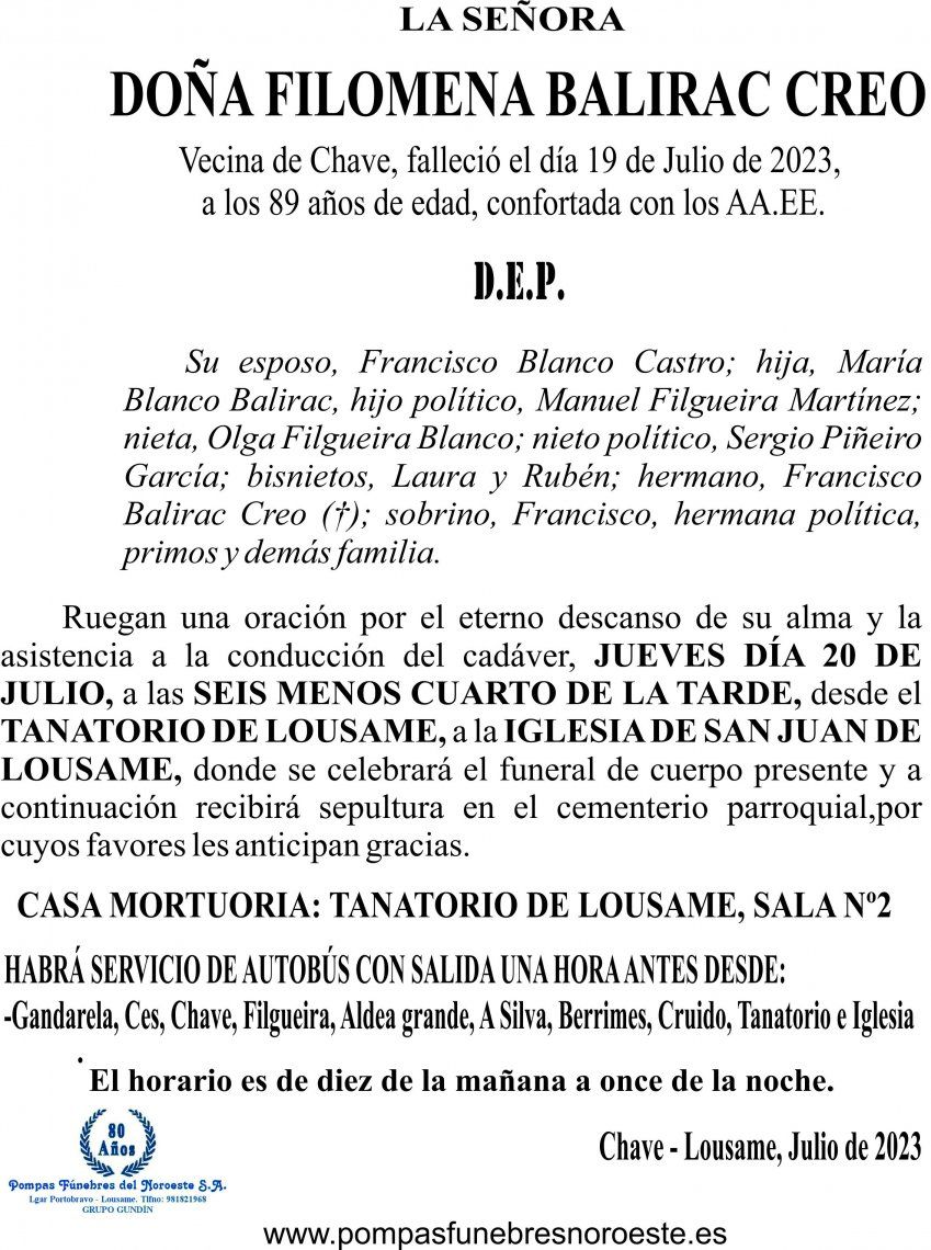 23 07 ESQUELA    Filomena Balirac Creo