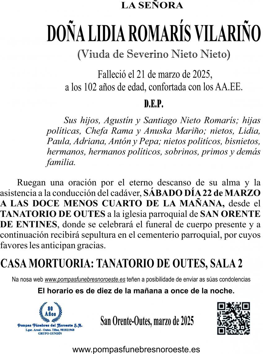 ESQUELA 2025   Doña Lidia Romaris Vilariño