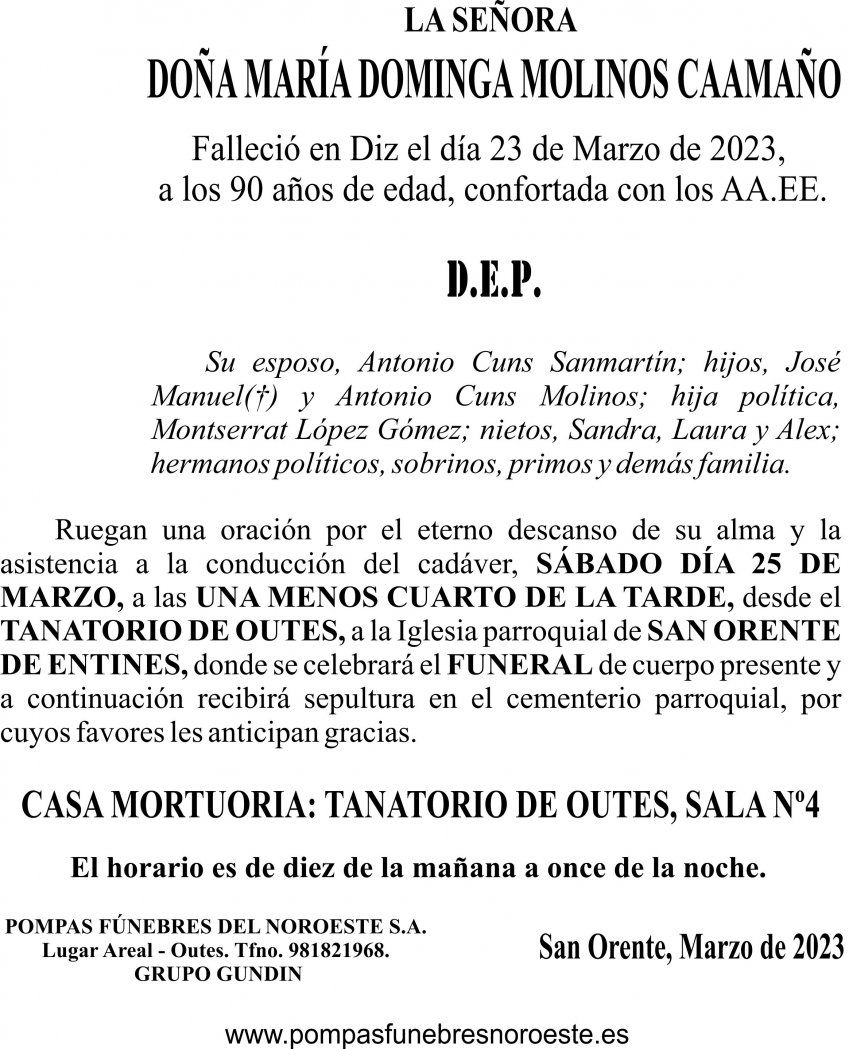 23 03  ESQUELA   Mª Dominga Molinos Caamaño   San Orente