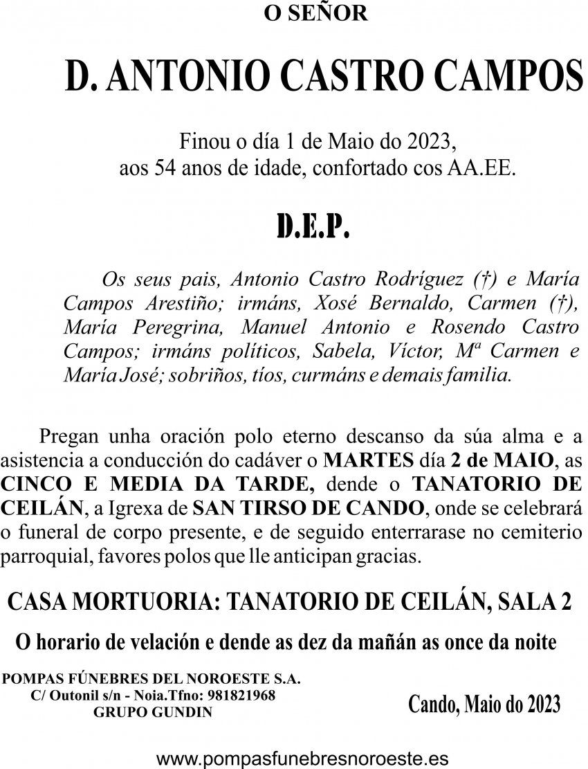 23 05 ESQUELA GALEGO  Antonio Castro Campos
